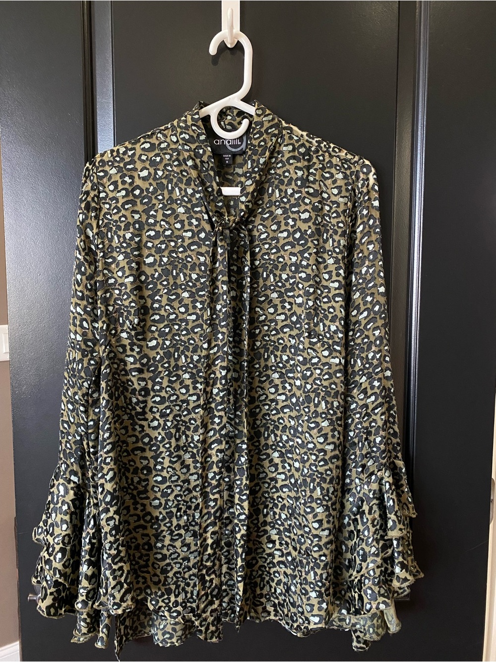 Analili Olive and Black Cheetah Print Silk Blend Tie-Neck Blouse
